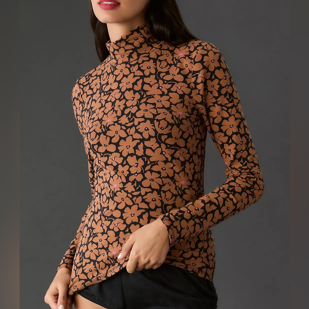 Anthropologie Black and Brown Floral Long Sleeve Top